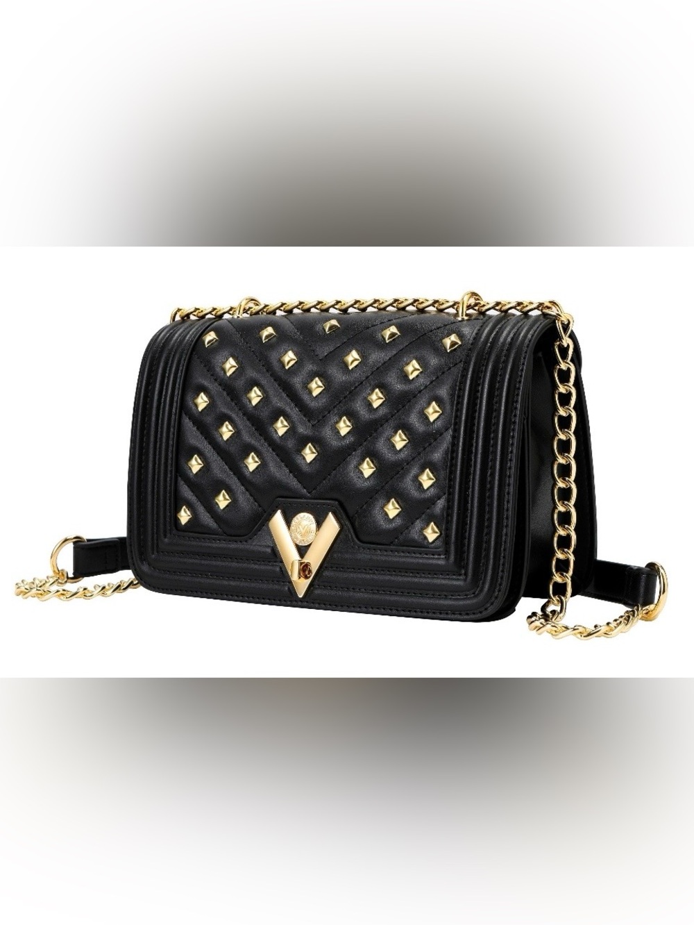 Black Studded V-Lock Chain Shoulder Bag by Unknown